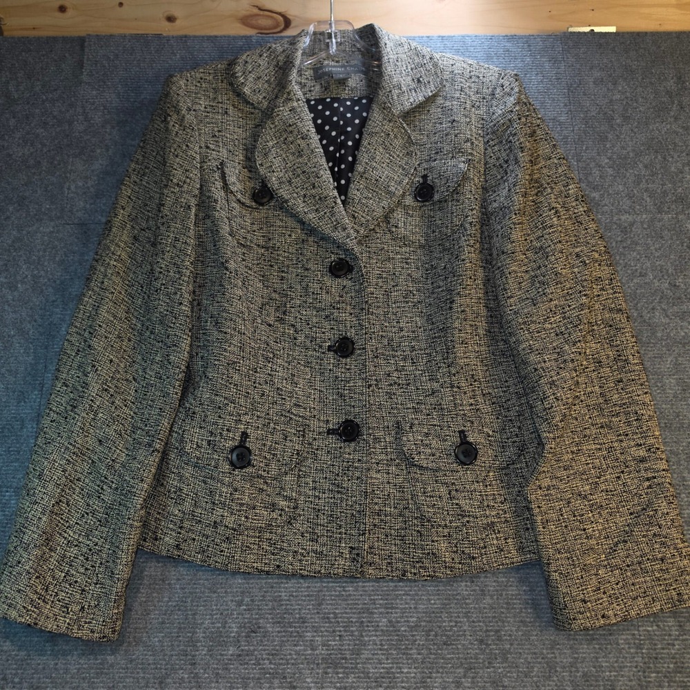 Joseph Chaus Blazer Women Size 8 Black Tan Good Tweed Polka Dot Lining